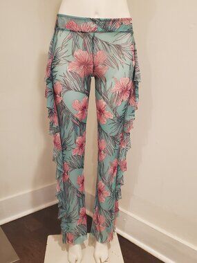 Love 83 Tropical Sheer Mesh Ruffle Side Pants Swim Cover Up Floral Flare Small S